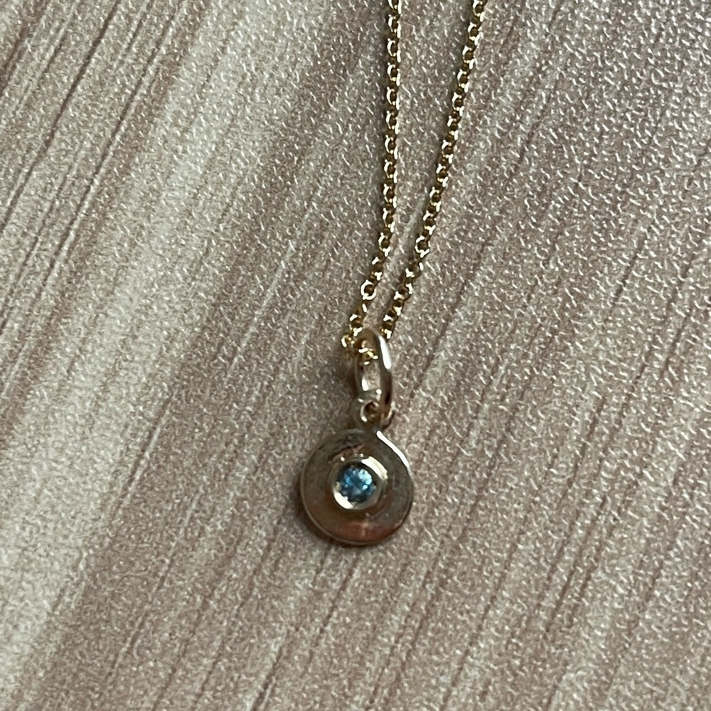 Birth Jewel mini disk charm with blue zircon, yellow gold, includes chain